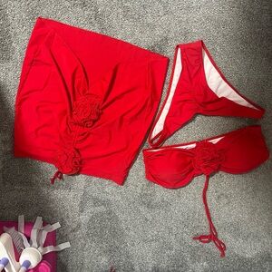 Red Floral Detail Bandeau Halter Bikini Set with Skirt